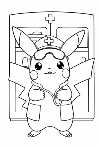 Mẫu tô màu pikachu bác sĩ đeo ống nghe