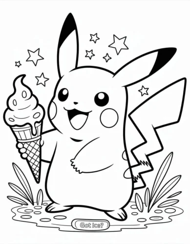 Hình tô màu pikachu cầm kem ốc quế giữa sao