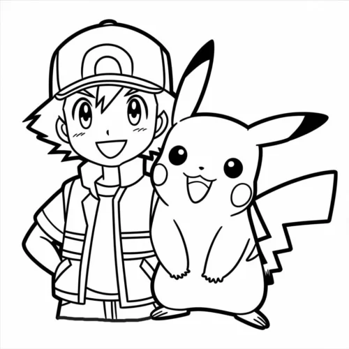 Hình tô màu ash và Pikachu đứng cạnh nhau