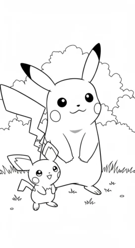 Mẫu tô màu pikachu và Pichu giữa cỏ