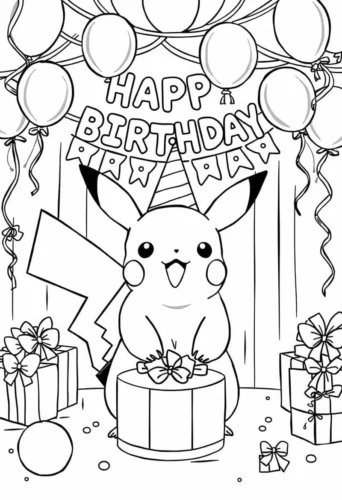 Tranh tô màu pikachu dự tiệc sinh nhật có bóng bay