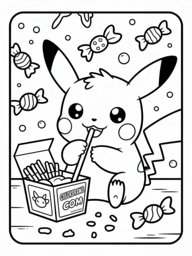 Hình tô màu pikachu ăn bỏng ngô giữa kẹo