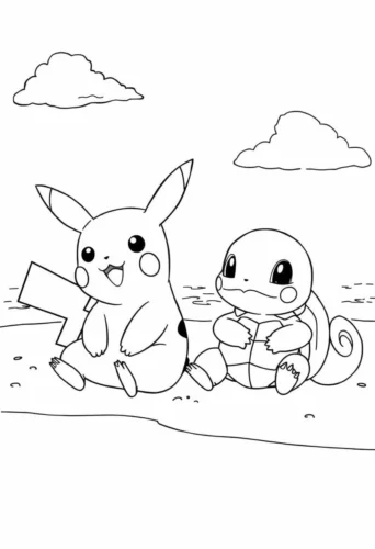 Hình tô màu pikachu và Squirtle đi dạo