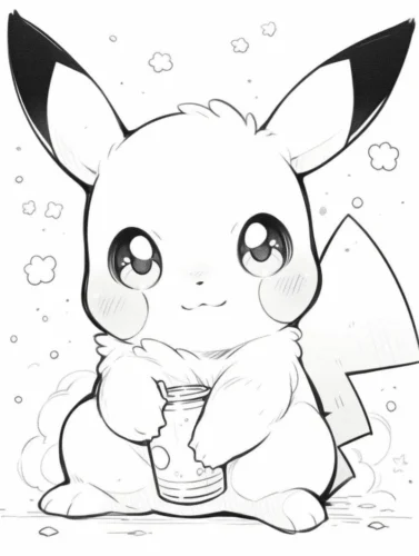 Mẫu tô màu pikachu ôm cốc, mắt to