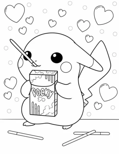 Tranh tô màu pikachu cầm hộp bánh giữa trái tim