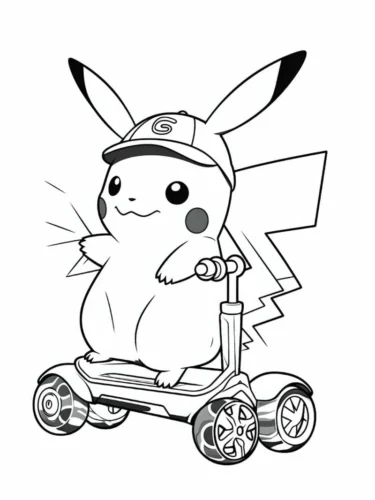 Hình tô màu pikachu đội mũ bảo hiểm đi scooter
