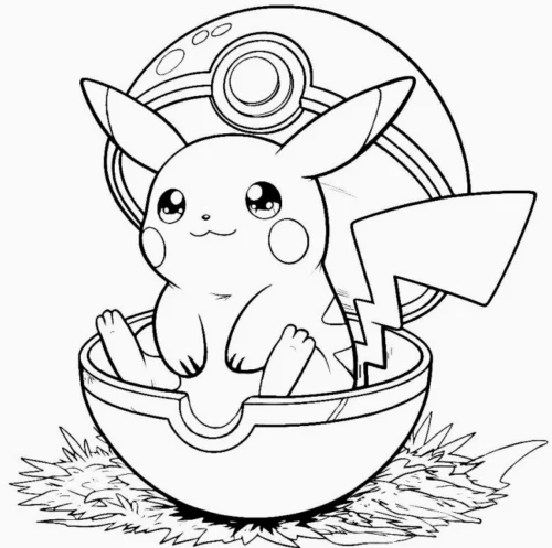 Tranh tô màu pikachu ngồi trong bóng Poké