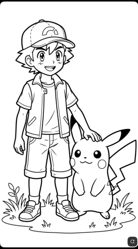 Tranh tô màu ash và Pikachu đứng trên cỏ