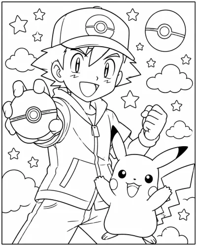Hình tô màu ash cầm bóng Poké cùng Pikachu