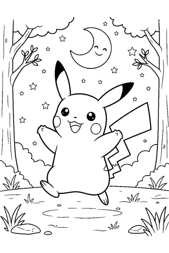 Tranh tô màu pikachu trong rừng đêm có trăng