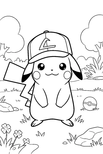 Hình tô màu pikachu đội mũ Ash giữa đồng cỏ