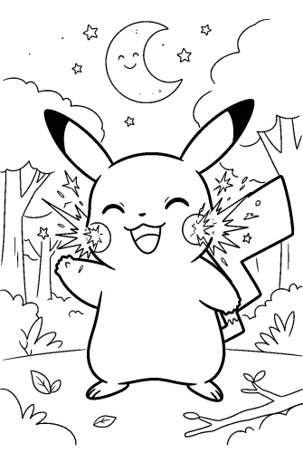 Hình tô màu pikachu cười trong rừng đêm
