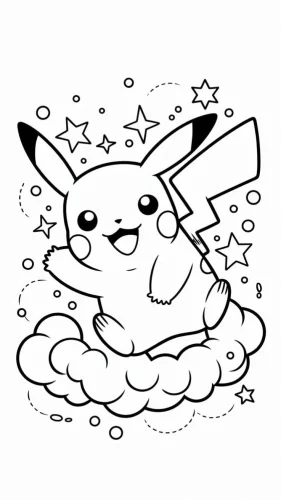 Tranh tô màu pikachu ngồi trên đám mây giữa các ngôi sao
