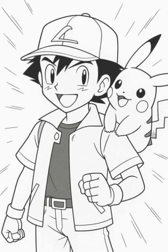 Mẫu tô màu ash và Pikachu tạo dáng