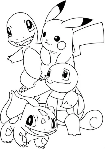 Hình tô màu pikachu, Charmander, Squirtle và Bulbasaur