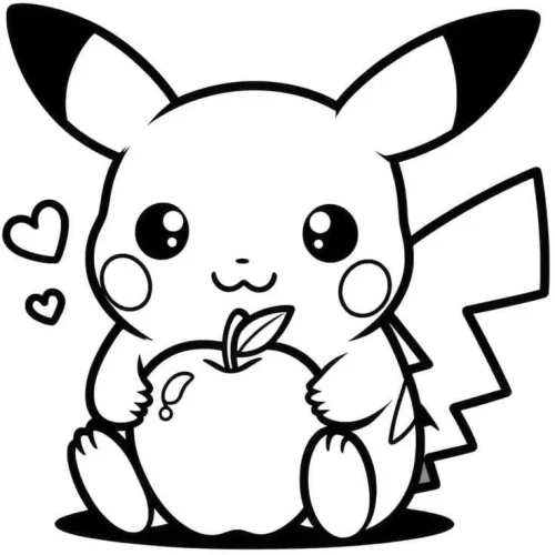 Tranh tô màu pikachu ôm quả táo