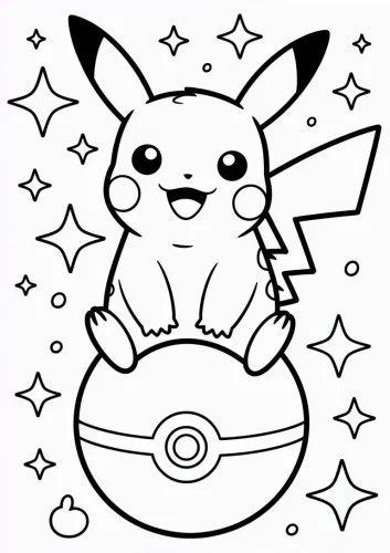 Hình tô màu pikachu ngồi trên quả bóng Poké