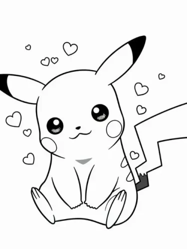 Mẫu tô màu pikachu ngồi giữa những trái tim nhỏ