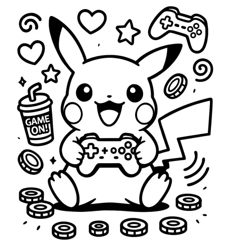 Pikachu chơi game, xung quanh có đồng xu