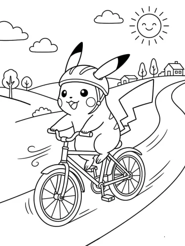 Pikachu đạp xe trên đường quê