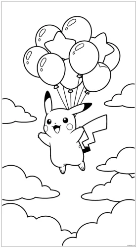 Mẫu tô màu pikachu bay theo chùm bóng bay giữa mây