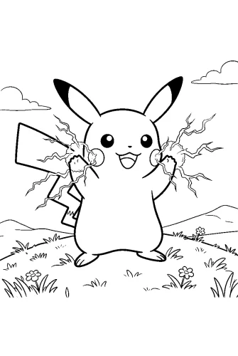 Tranh tô màu pikachu phóng điện giữa đồng cỏ