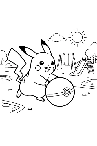 Pikachu chơi bóng ở sân chơi