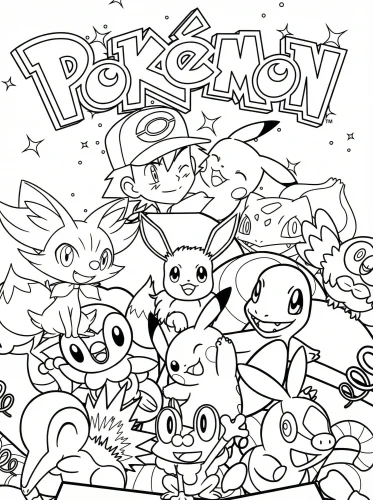 Mẫu tô màu pikachu và nhiều Pokémon dưới chữ Pokémon