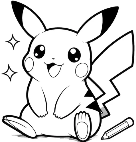 Tranh tô màu pikachu ngồi cạnh bút chì