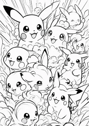 Tranh tô màu nhiều Pikachu xếp kín trang