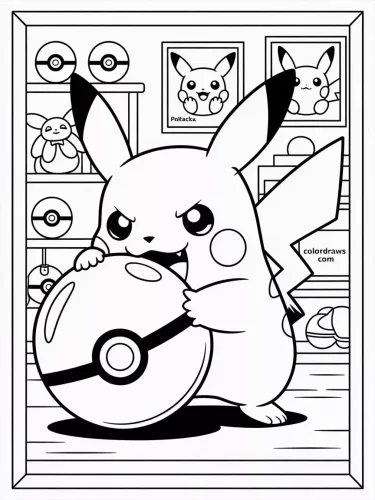 Hình tô màu pikachu ôm bóng Poké trong phòng