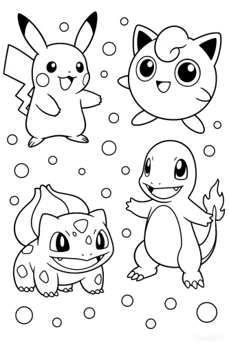 Pikachu, Jigglypuff, Bulbasaur và Charmander