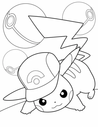 Pikachu đội mũ nằm bên bóng Poké