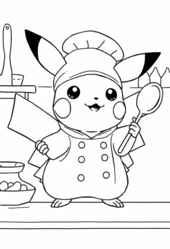 Tranh tô màu pikachu đầu bếp cầm thìa