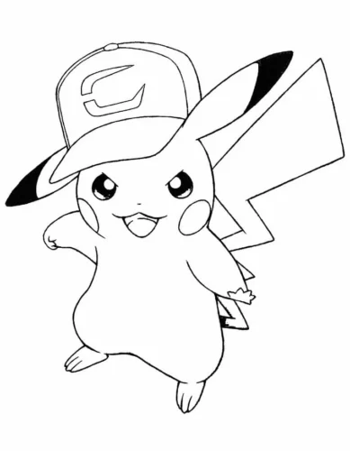 Tranh tô màu pikachu đội mũ lưỡi trai vẫy tay