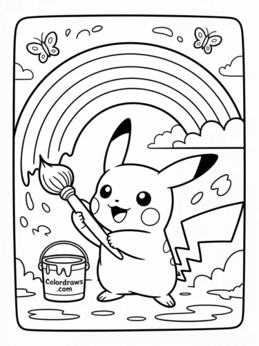 Mẫu tô màu pikachu vẽ cầu vồng cầm cọ