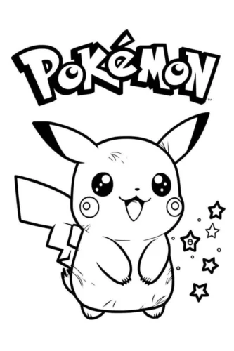 Mẫu tô màu pikachu giữa sao dưới chữ Pokémon