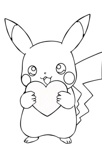 Tranh tô màu pikachu ôm trái tim, nét mảnh