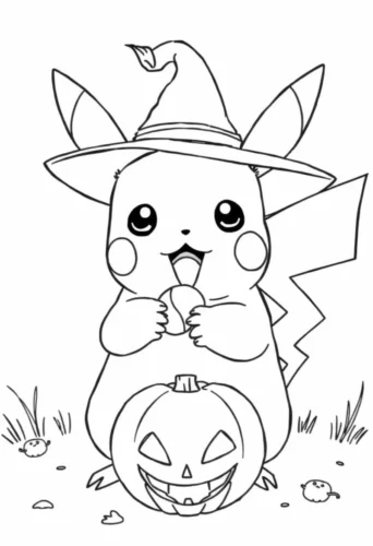 Hình tô màu pikachu phù thuỷ bên quả bí ngô