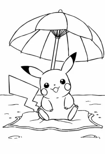 Mẫu tô màu pikachu ngồi dưới ô trên bãi biển
