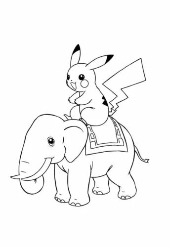 Tranh tô màu pikachu cưỡi voi