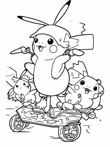 Hình tô màu pikachu và các bạn trên xe đẩy