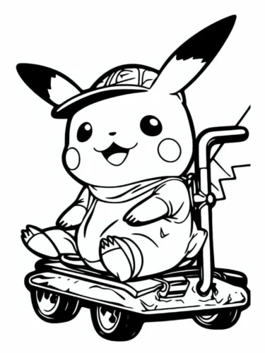 Mẫu tô màu pikachu đội mũ lái xe điện