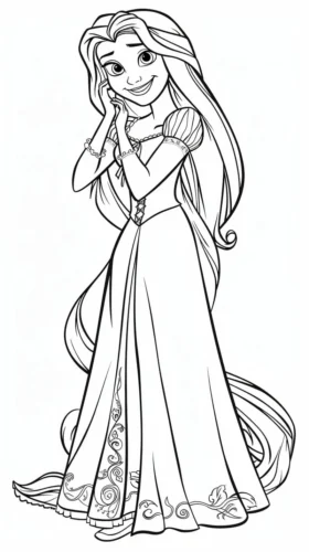 Rapunzel đứng, tóc dài đến chân