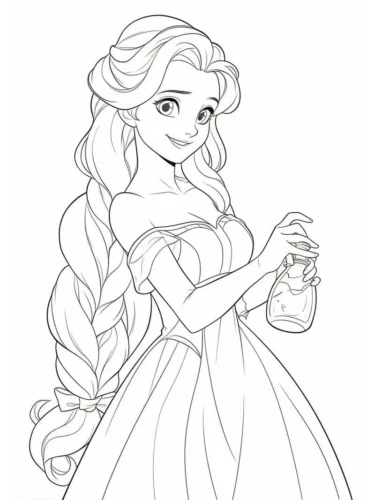 Rapunzel cầm chiếc lọ, tóc tết dài