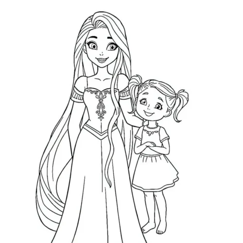 Rapunzel nắm tay bé gái nhỏ