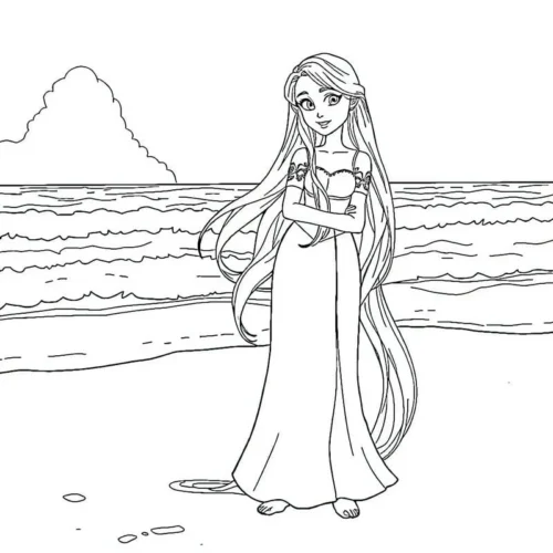 Rapunzel đứng trên bờ biển