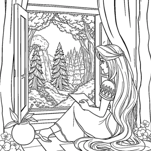 Rapunzel ngắm rừng thông qua cửa sổ