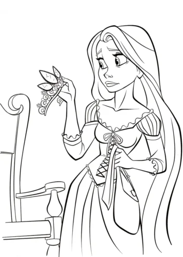 Mẫu tô màu rapunzel cầm cành hoa bên ghế