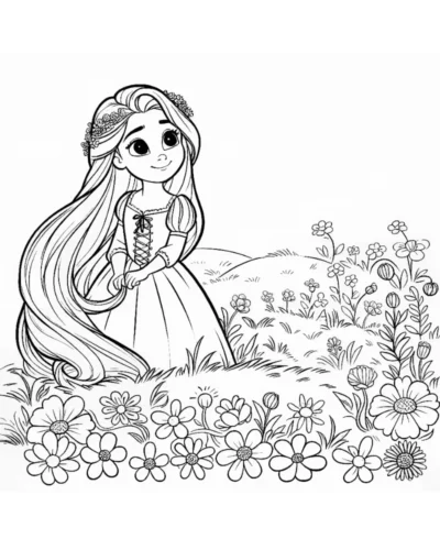 Hình tô màu rapunzel ngồi giữa vườn hoa